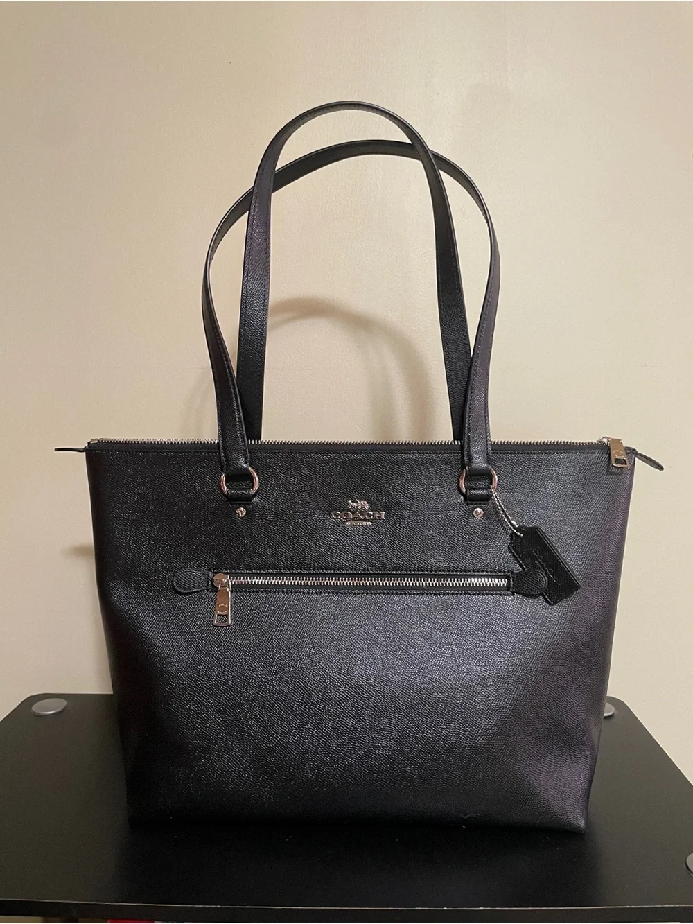 Coach Black Saffiano Leather Tote with Front Zip Pocket